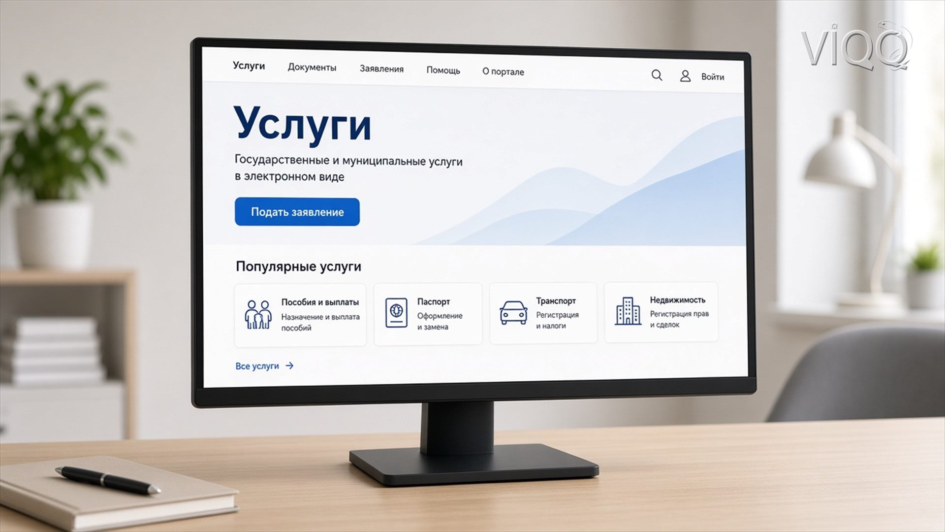 Монитор: портал услуг и кнопка Подать заявление